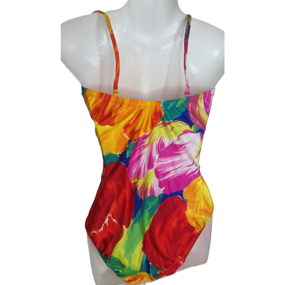 Vtg 80s Gottex One Piece Swimsuit Floral Psychedelic High Cut Maillot Size 14 - Picture 2 of 8
